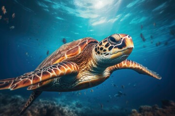 Obraz premium A turtle swims in the sea, with a school of fish swimming nearby. with coral reefs and fish creating a beautiful underwater view. Generative AI