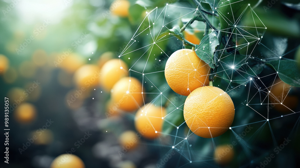 Poster image showcases ripe oranges on tree, enhanced with digital overlay representing sensor technology. 