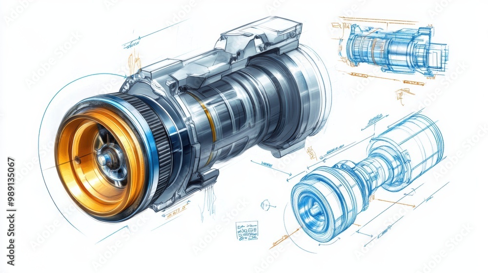 Poster conceptual design of a camera lens with technical drawings