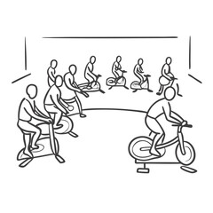 Cycling class participants exercising joyfully in a gym studio background