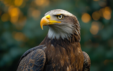 Fototapeta premium Bald Eagle Close-Up with Golden Bokeh Background, Symbol of American Strength and Freedom