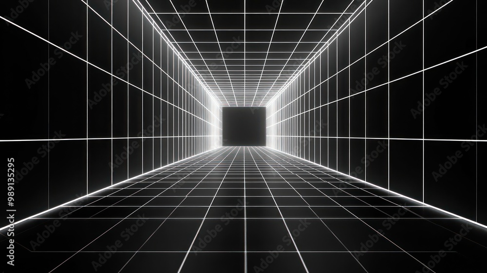 Poster a futuristic tunnel with a grid pattern leading to a glowing square.