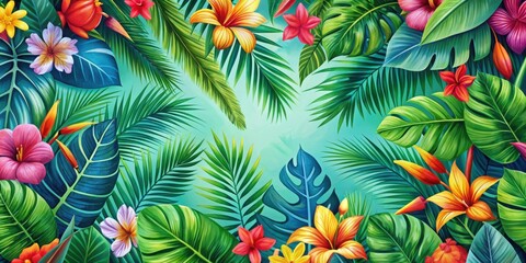 Vibrant tropical leaves and flowers pattern, perfect for spring and summer backgrounds