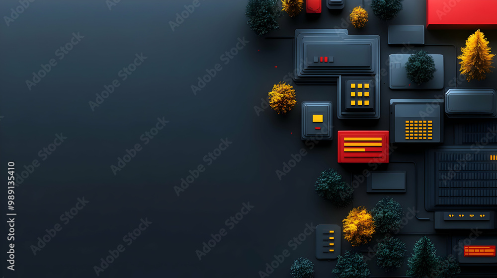 Poster abstract 3d geometric shapes with minimalist trees and color