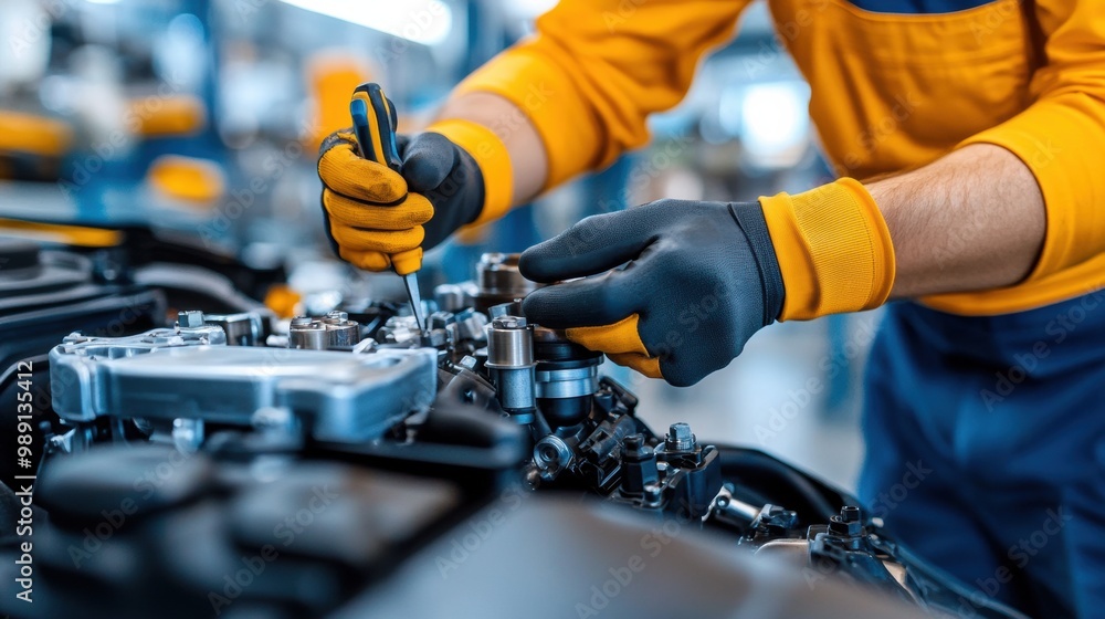 Aufkleber engine assembly in a modern workshop setting