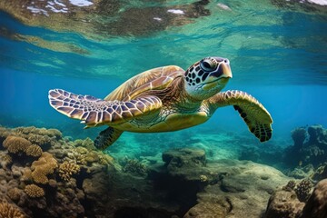 Obraz premium A turtle swims in the sea, with a school of fish swimming nearby. with coral reefs and fish creating a beautiful underwater view. Generative AI