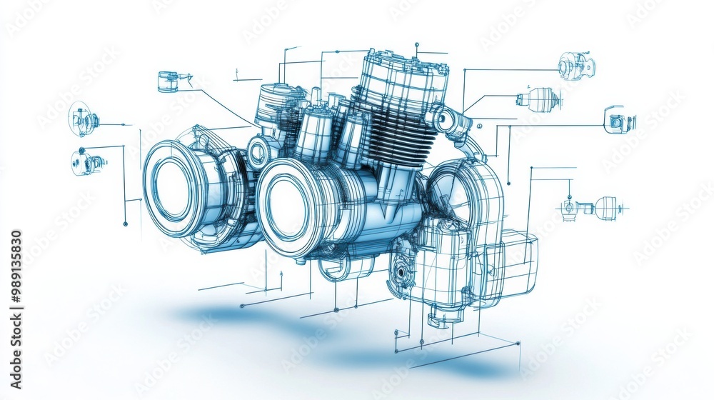 Poster technical blueprint of an engine design