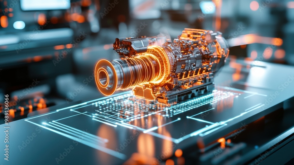 Poster futuristic engine design with digital technology elements