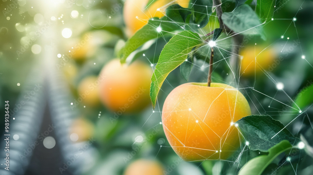 Poster image showcases ripe apple hanging from tree, surrounded by network of digital connections, symboliz
