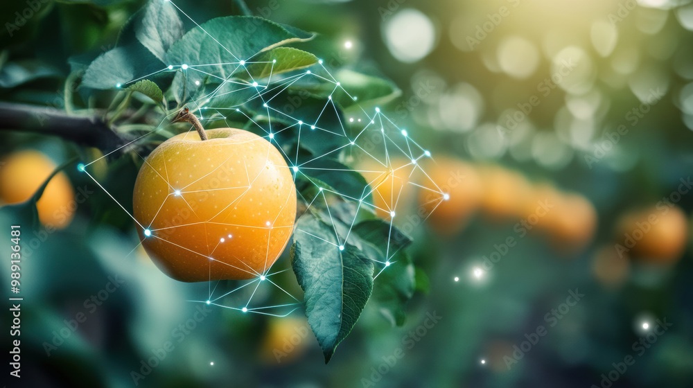 Poster image features ripe apple on tree branch, surrounded by network of digital connections, symbolizing 