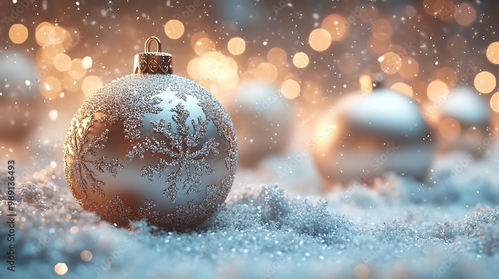 Poster minimalist modern christmas background metallic holiday ornaments and abstract snowflakes floating o