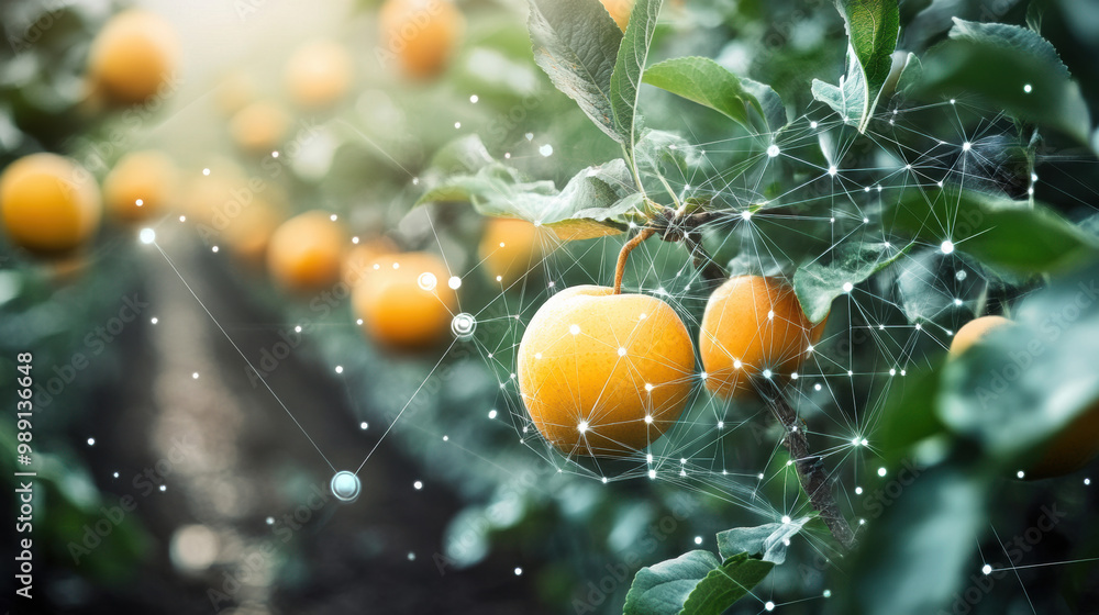 Poster image showcases ripe oranges on trees, enhanced with digital elements representing technology in agr