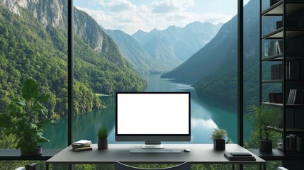 Mockup of modern monitor in front of window overlooking beautiful lake, AI-generative