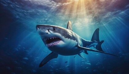 Fototapeta premium killer whale Orcinus orca is swimming in the deep blue sea. The water is blue, and the sun is shining brightly. Generative AI