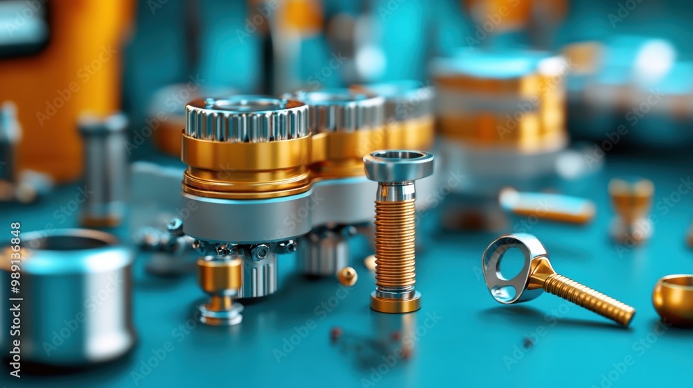 Poster close-up of precision engine components and tools