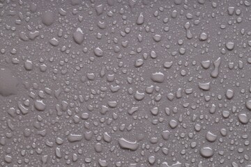 Water drops on gray background, top view