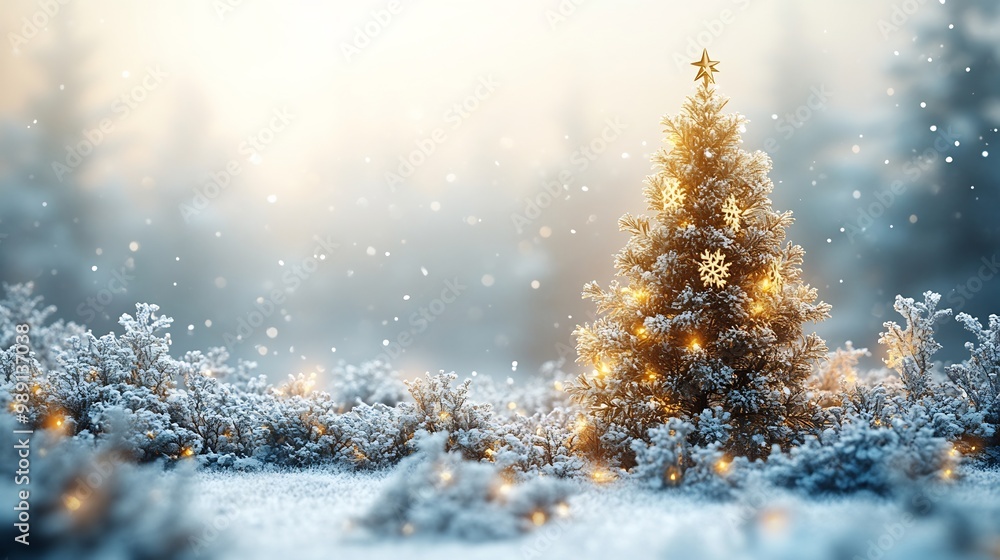 Poster minimalist modern christmas background a single elegant christmas tree in metallic gold surrounded b