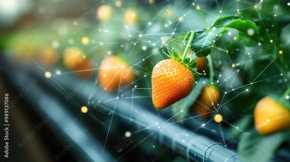 Poster strawberries are monitored for ripeness using digital sensors in greenhouse, showcasing intersection