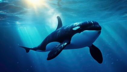 Naklejka premium An Orcinus orca is swimming in the deep blue sea. This whale is surrounded by sunlight, creating a beautiful and peaceful atmosphere. Generative AI