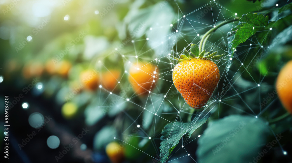 Poster strawberries are monitored for ripeness using digital sensors, showcasing intersection of technology