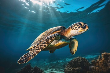 Fototapeta premium A turtle swims in the sea, with a school of fish swimming nearby. with coral reefs and fish creating a beautiful underwater view. Generative AI