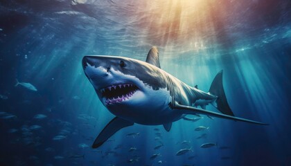 Fototapeta premium killer whale Orcinus orca is swimming in the deep blue sea. The water is blue, and the sun is shining brightly. Generative AI