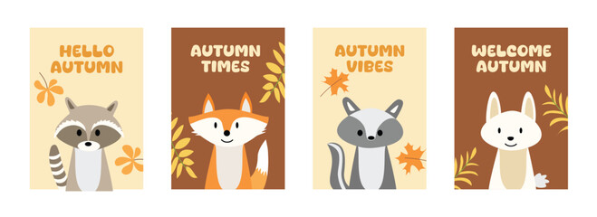 Autumn animal poster collection. Set of animal character card template. Wall decor. Wall art illustration. Animal wall art. Fall greeting card. Fall poster. Autumn poster. Mushroom greeting card.