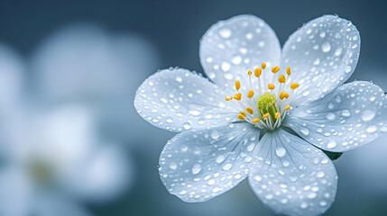 White Flower with Dew Drops in Macro Photography