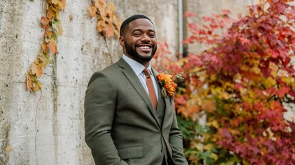 Obraz premium Happy smiling young adult man in wedding luxurious outfit, black or African-American groom is posing outdoors in fall autumn park or garden, AI generated image