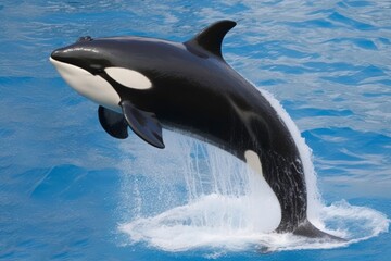 A black and white orca whale leaps out of the water. Concept of freedom and power as the whale soars through the air. Generative AI