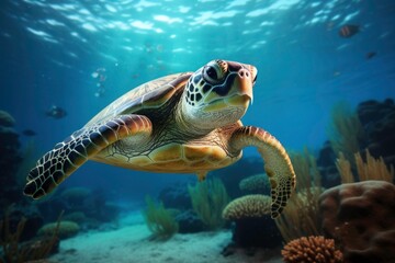Fototapeta premium A turtle swims in the sea, with a school of fish swimming nearby. with coral reefs and fish creating a beautiful underwater view. Generative AI