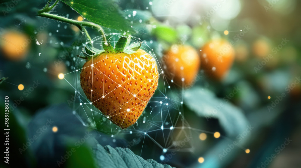 Poster strawberry ripeness is monitored using digital sensors, showcasing intersection of technology and ag
