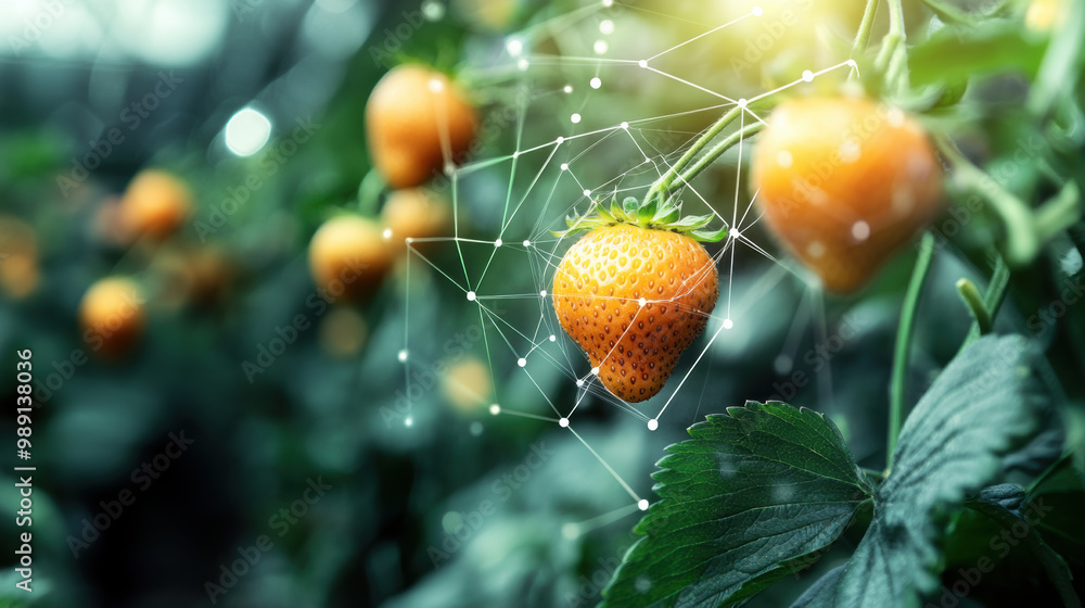 Poster strawberries are monitored for ripeness using digital sensors, showcasing intersection of technology