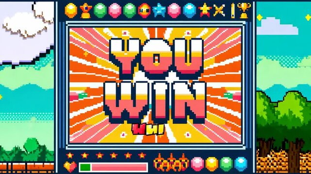 You Win text, computer game. Pixel video game win screen