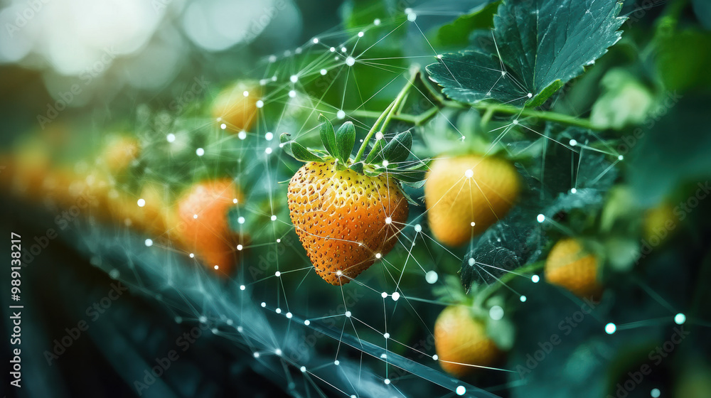Poster strawberries are monitored for ripeness using digital sensors, showcasing intersection of technology