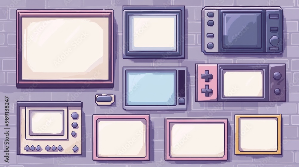 Poster a collection of retro and modern screens in various shapes and sizes.