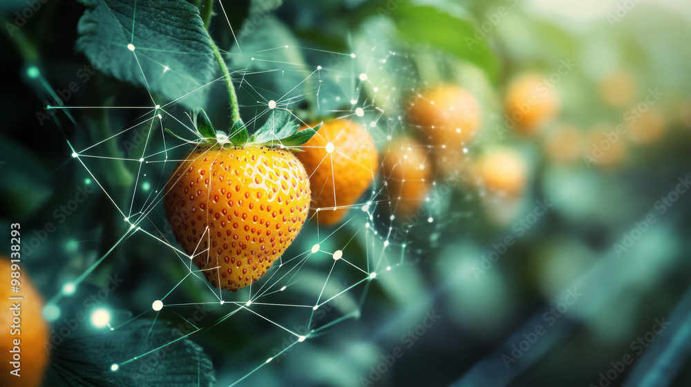 Poster strawberries are monitored for ripeness using digital sensors, showcasing intersection of technology
