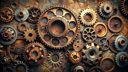 Damaged cogwheels background with rusty gears and missing teeth