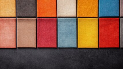Fototapeta premium A vibrant array of textured fabric swatches in various colors, arranged neatly, showcasing depth and diversity in textile design.