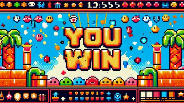 You Win text, computer game. Pixel video game win screen