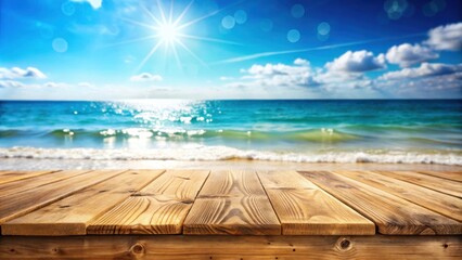 Fototapeta premium Wooden table top with blurred summer beach background of sparkling sea water and sky