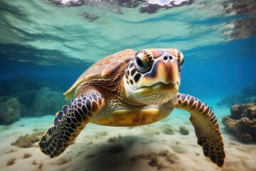 Fototapeta premium A turtle swims in the sea, with a school of fish swimming nearby. with coral reefs and fish creating a beautiful underwater view. Generative AI