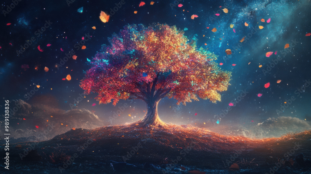 Poster vibrant tree with multicolored leaves stands majestically against cosmic backdrop, surrounded by flo