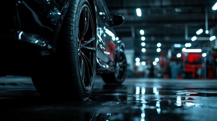 A detailed view of a car tire with shiny rims in a dimly lit garage, the floor reflecting the car's sleek surface and the ambient lights.