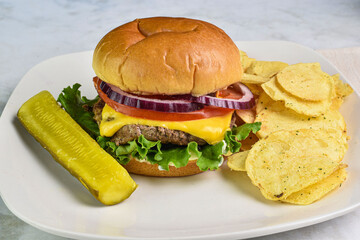  cheese burger with potato chips and pickle