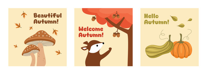 Set of autumn cards. Autumn wall art. Cute autumn cards. Square design set. Fall design set. Welcome autumn illustration. Welcome fall cards. Flat vector illustration. 