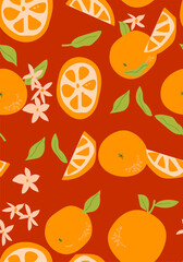 Abstract vertical orange poster, vector flat illustration. Summer or autumn bright pattern with tropical citrous fruit, modern cover design. Can used for labels, market ad, posters, covers for print.