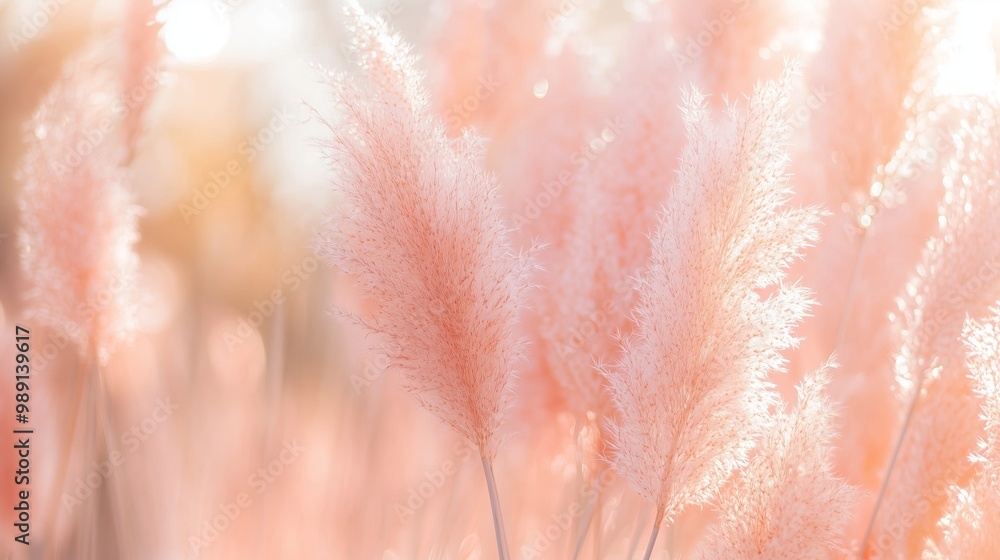 Sticker Soft pink pampas grass sways gently in the golden sunlight during a calm afternoon in a serene outdoor setting