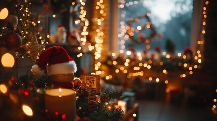 Detalle de un ambiente navideño decorado con guirnaldas, luces y una vela, con una gorra de Santa Claus colocada sobre los adornos.