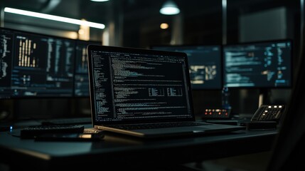 A laptop sits on a desk with coding in progress on its screen, surrounded by other monitors, portraying a dimly lit workspace essential for concentration and technical precision.